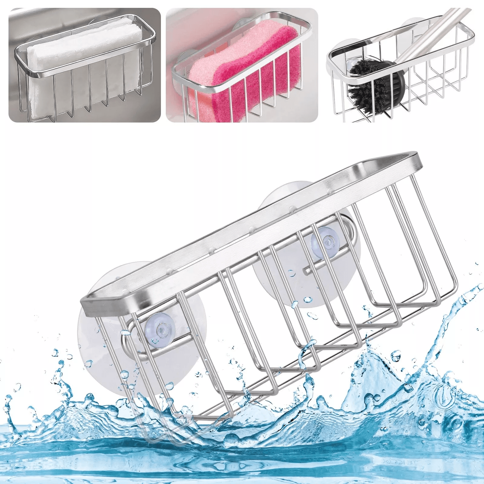 Stainless Steel Sink Caddy with Suction Cups, Sponge Holder & Soap Storage Drain Rack Organizer