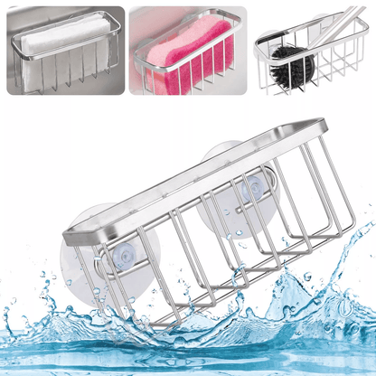 Stainless Steel Sink Caddy with Suction Cups, Sponge Holder & Soap Storage Drain Rack Organizer