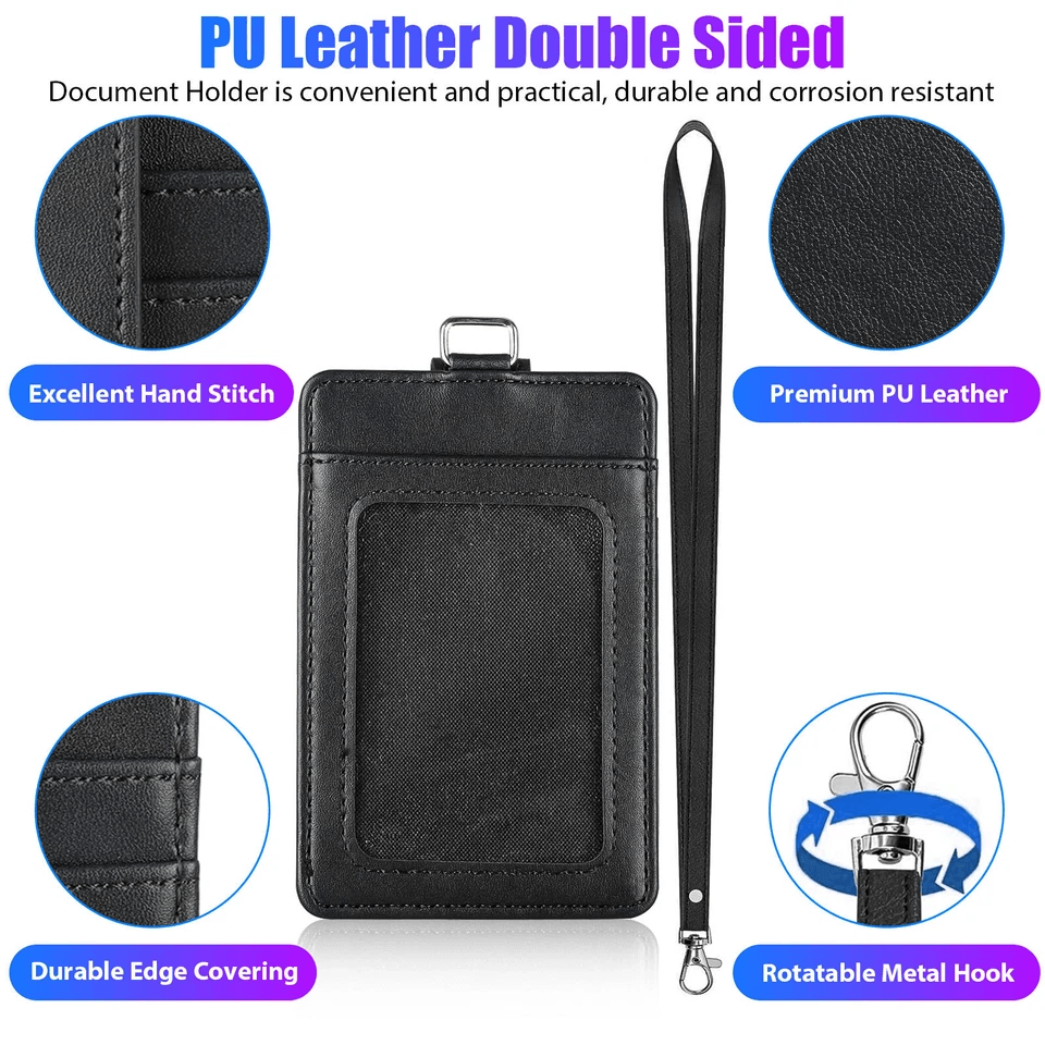 ID Badge Card Holder Synthetic Leather Vertical Wallet Pocket With Lanyard Front ID Window And Snap 1