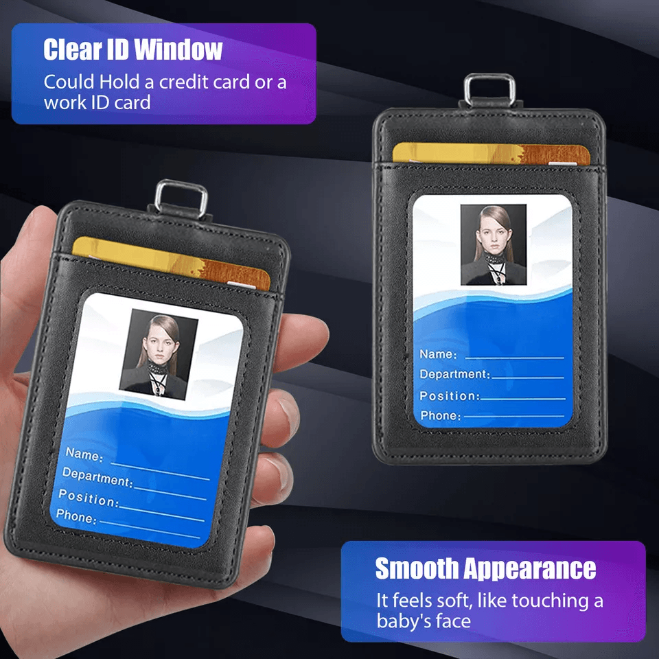 ID Badge Card Holder Synthetic Leather Vertical Wallet Pocket With Lanyard Front ID Window And Snap 2
