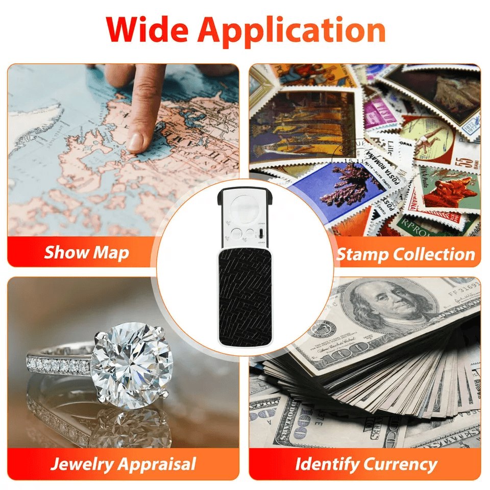 Pocket Magnifying Glass Set 30X 60X 90X LED Jeweler Loop With UV Light Portable Eyeglass Magnifier