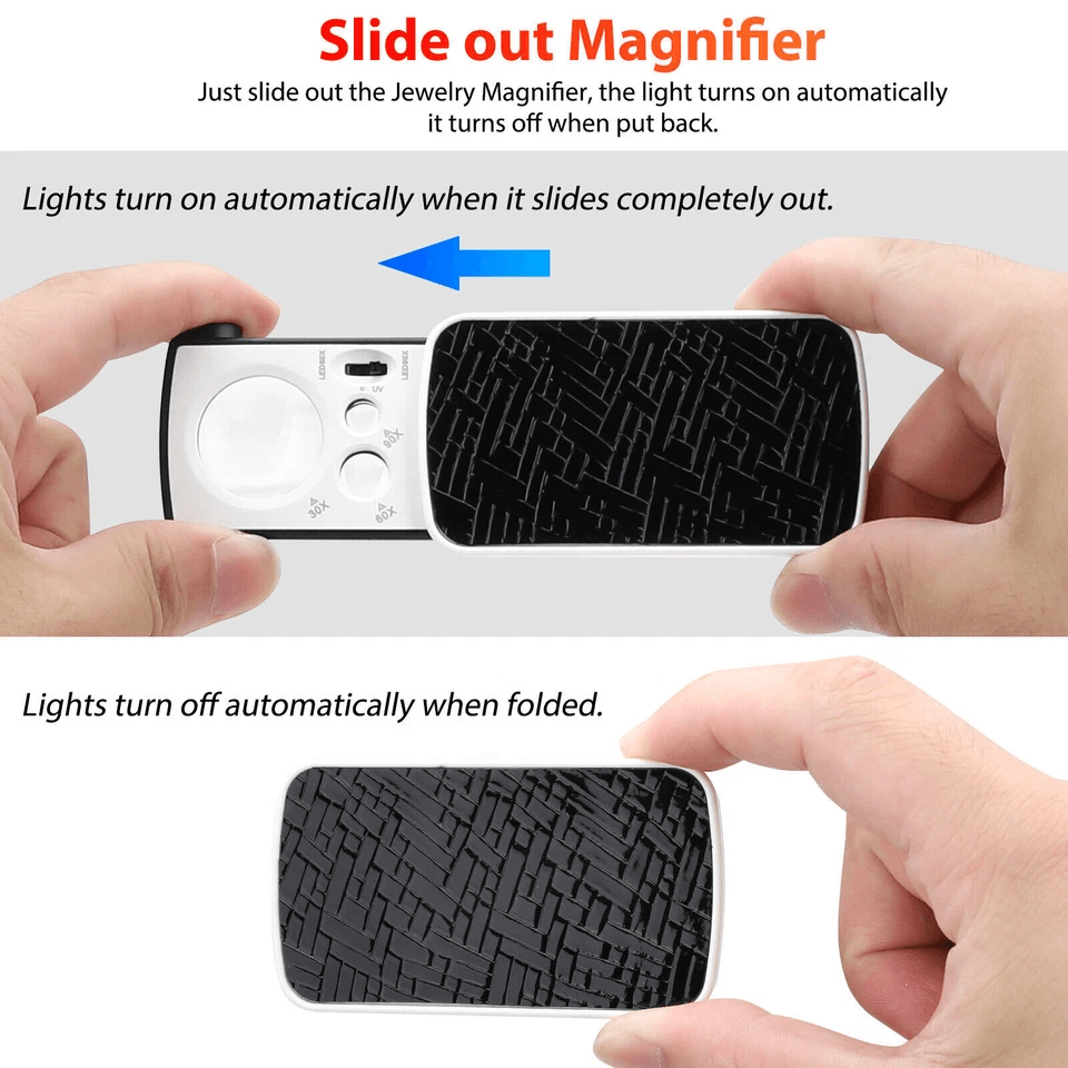 Pocket Magnifying Glass Set 30X 60X 90X LED Jeweler Loop With UV Light Portable Eyeglass Magnifier