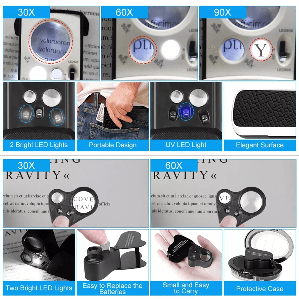 Pocket Magnifying Glass Set 30X 60X 90X LED Jeweler Loop With UV Light Portable Eyeglass Magnifier