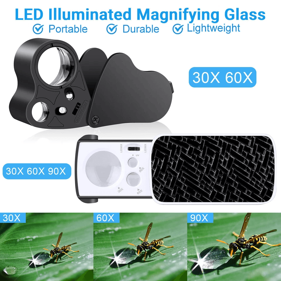 Pocket Magnifying Glass Set 30X 60X 90X LED Jeweler Loop With UV Light Portable Eyeglass Magnifier