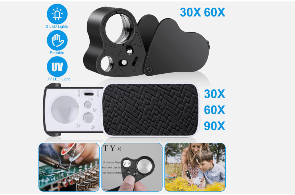 Pocket Magnifying Glass Set 30X 60X 90X LED Jeweler Loop with UV Light, Portable Eyeglass Magnifier for Coins, Jewelry.