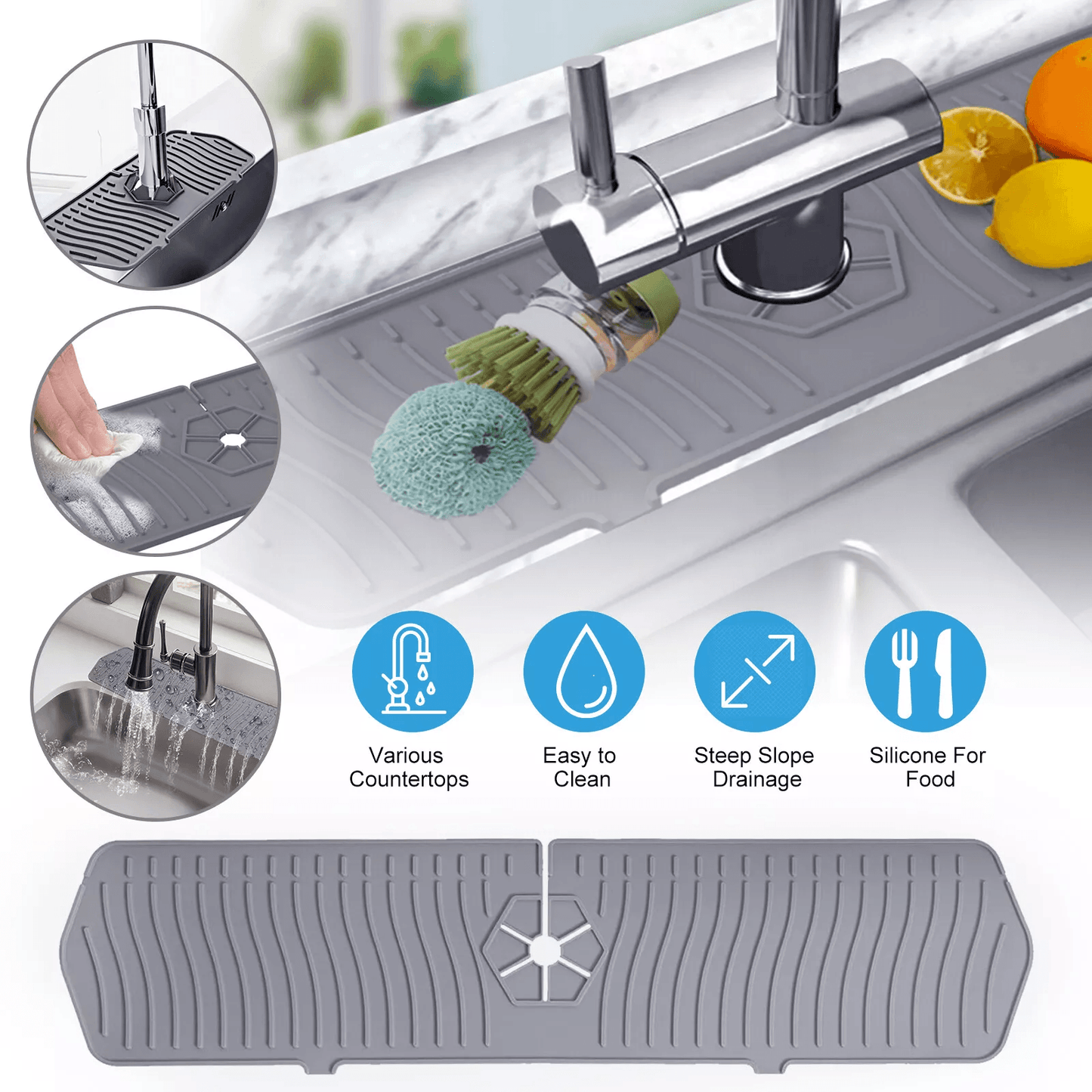 Kitchen Sink Silicone Faucet Drain Pad, Splash Guard Drip Catcher Tray for Countertop Water Control and Easy Cleaning