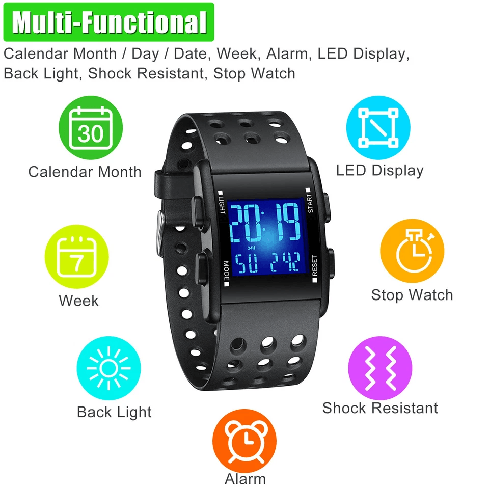 Mens Digital Military Sport Watch  Waterproof 3ATM 7Color LED Calendar Shock Resistant Wristband 5