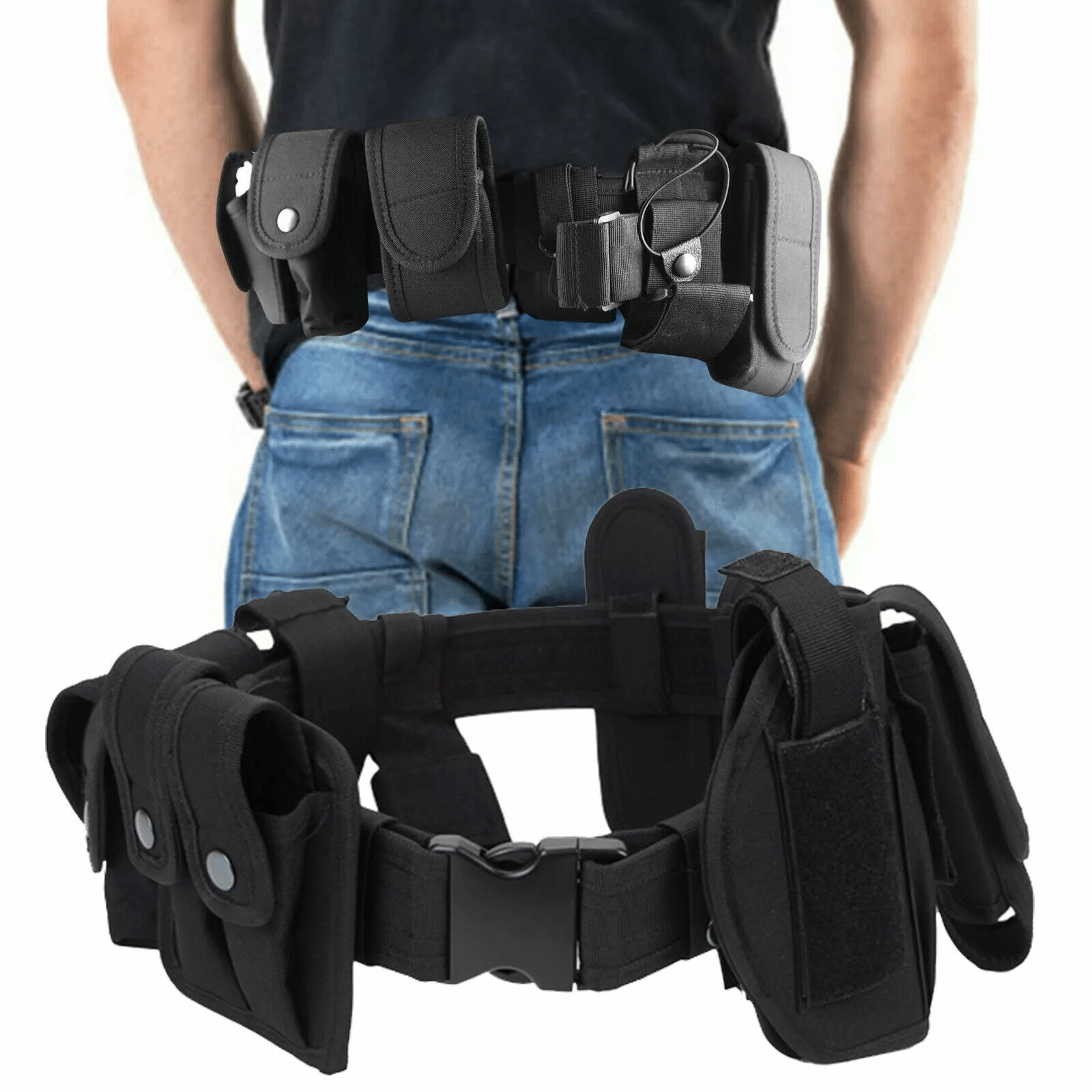 Tactical Police Duty Belt Nylon Utility Kit, Security Guard Equipment Pouch System Black