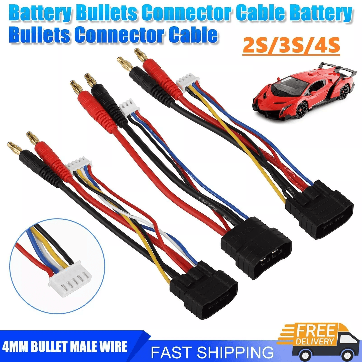 4S/3S RC Lipo Battery Bullet Connector Cable Adapter for Traxxas TRX Cars, 4mm Banana Plug, 14AWG, JST-XH Balance Lead