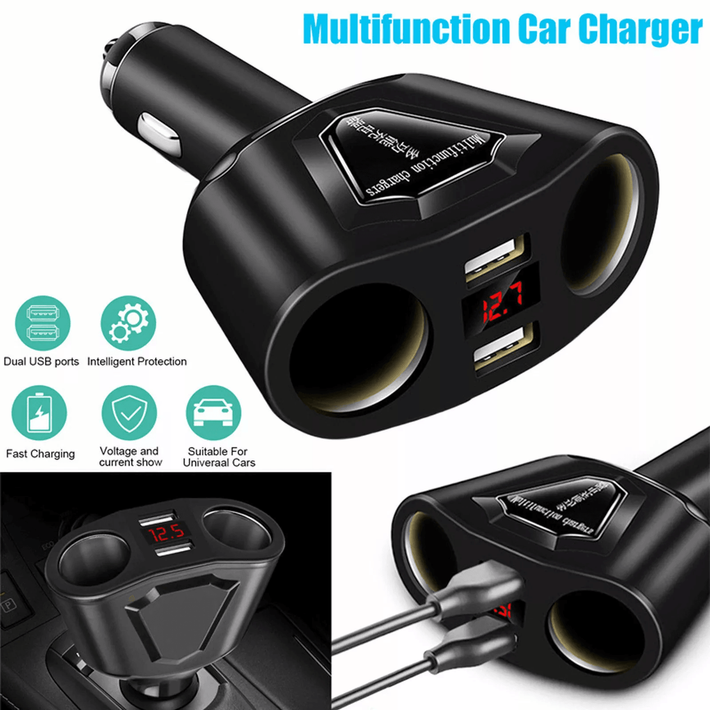 Dual USB Car Charger Power Adapter, LCD Cigarette Lighter Socket Splitter