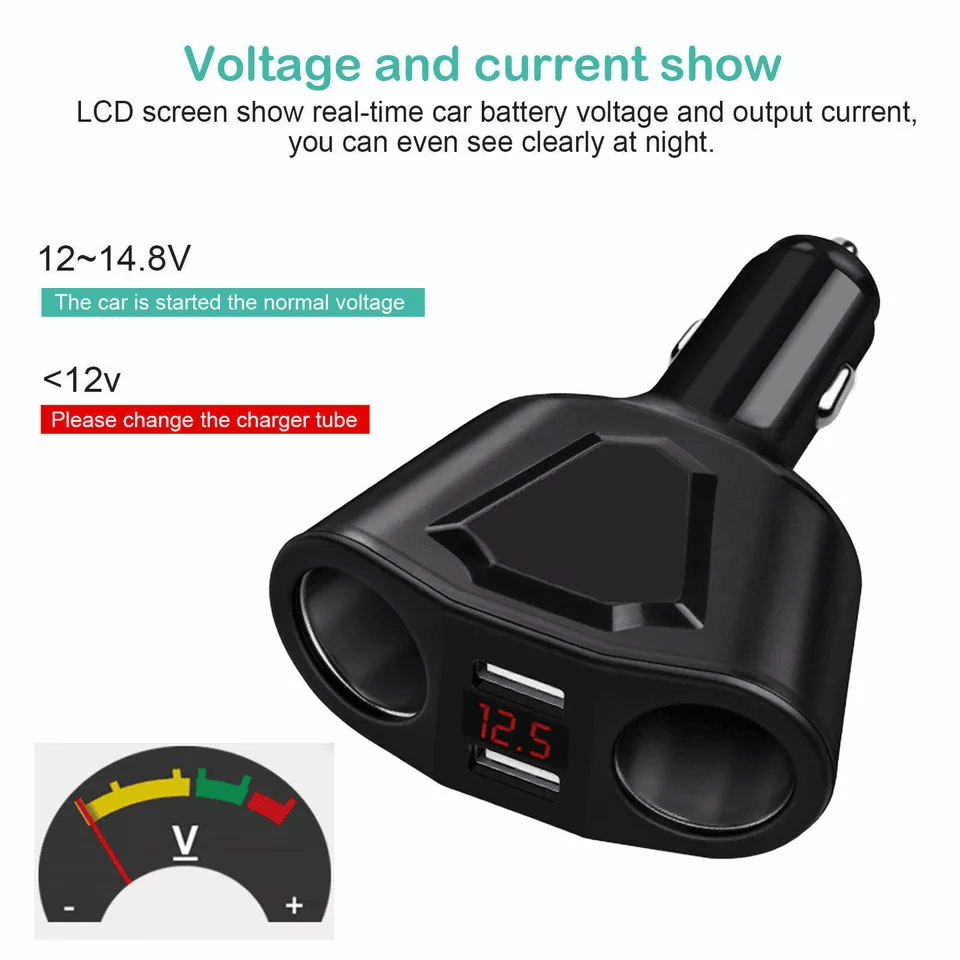 Dual USB Car Charger Power Adapter LCD Cigarette Lighter Socket Splitter 3