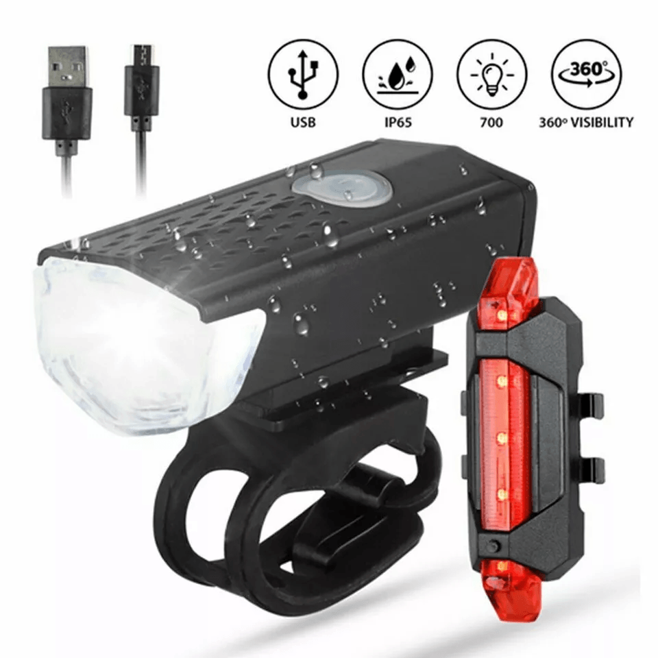 USB Rechargeable LED Bicycle Headlight & Tail Light Set Cycling Lamp