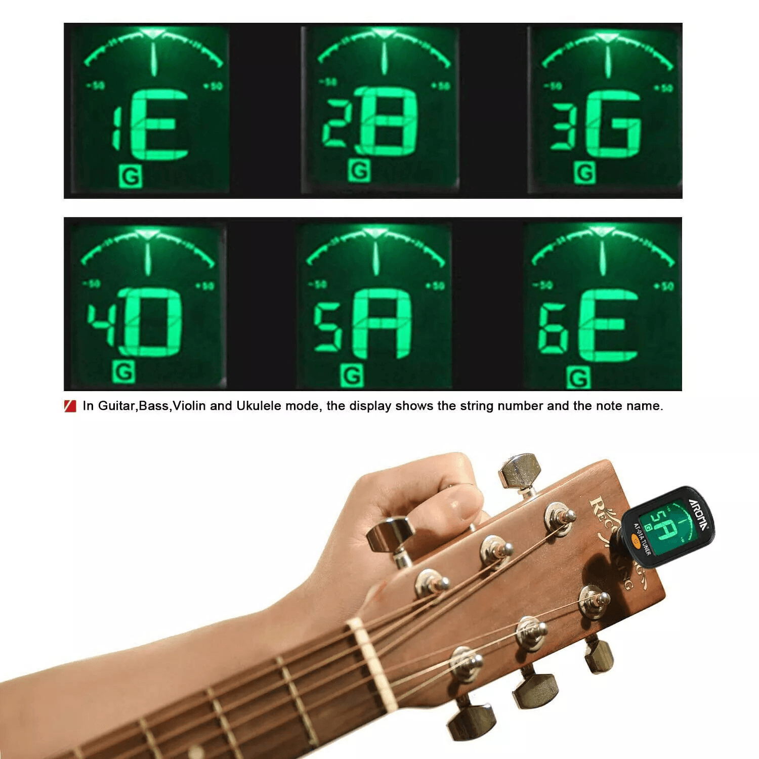 ClipOn LCD Digital Tuner For Guitar Bass Violin Ukulele AT01A Chromatic Vibration Tuner With Color  3
