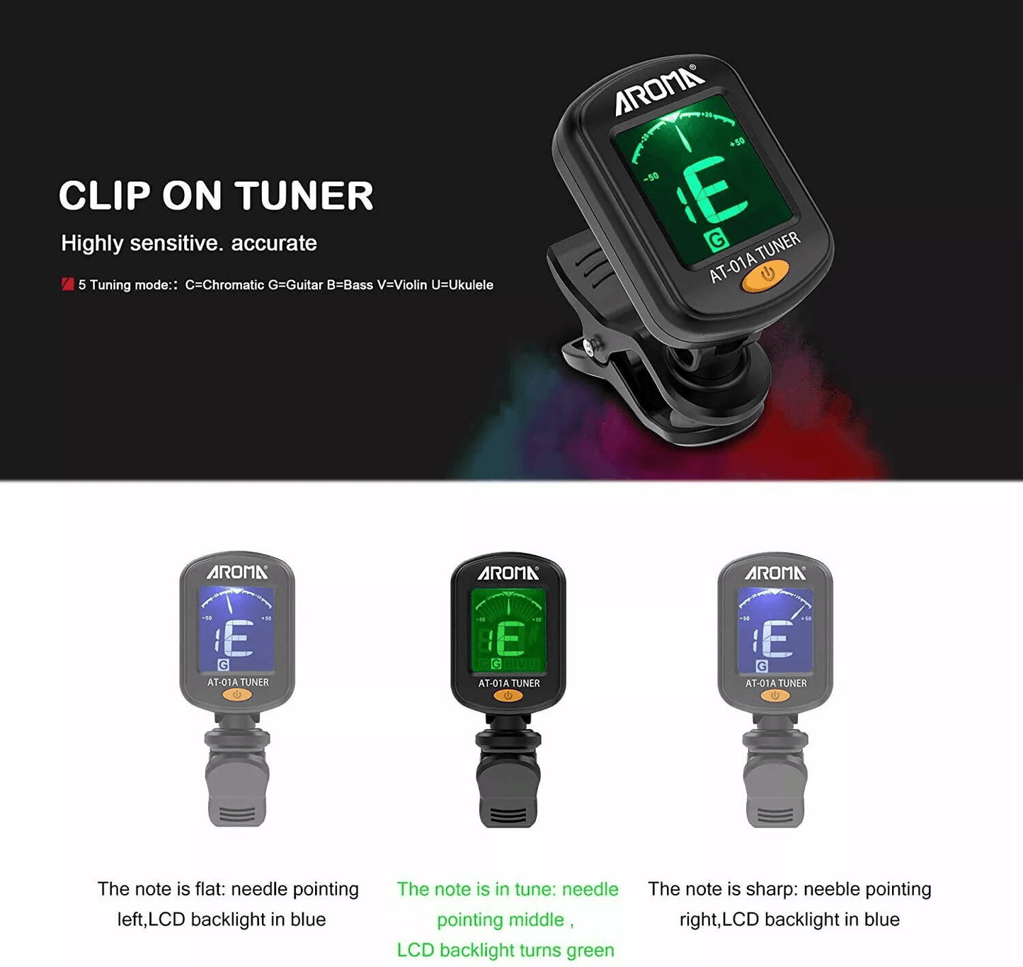 ClipOn LCD Digital Tuner For Guitar Bass Violin Ukulele AT01A Chromatic Vibration Tuner With Color  2