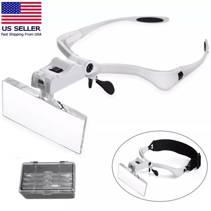 LED Jewelers Head Headband Magnifier with Light – Illuminated Visor Magnifying Glasses Loupe for Reading, Watch Repair,
