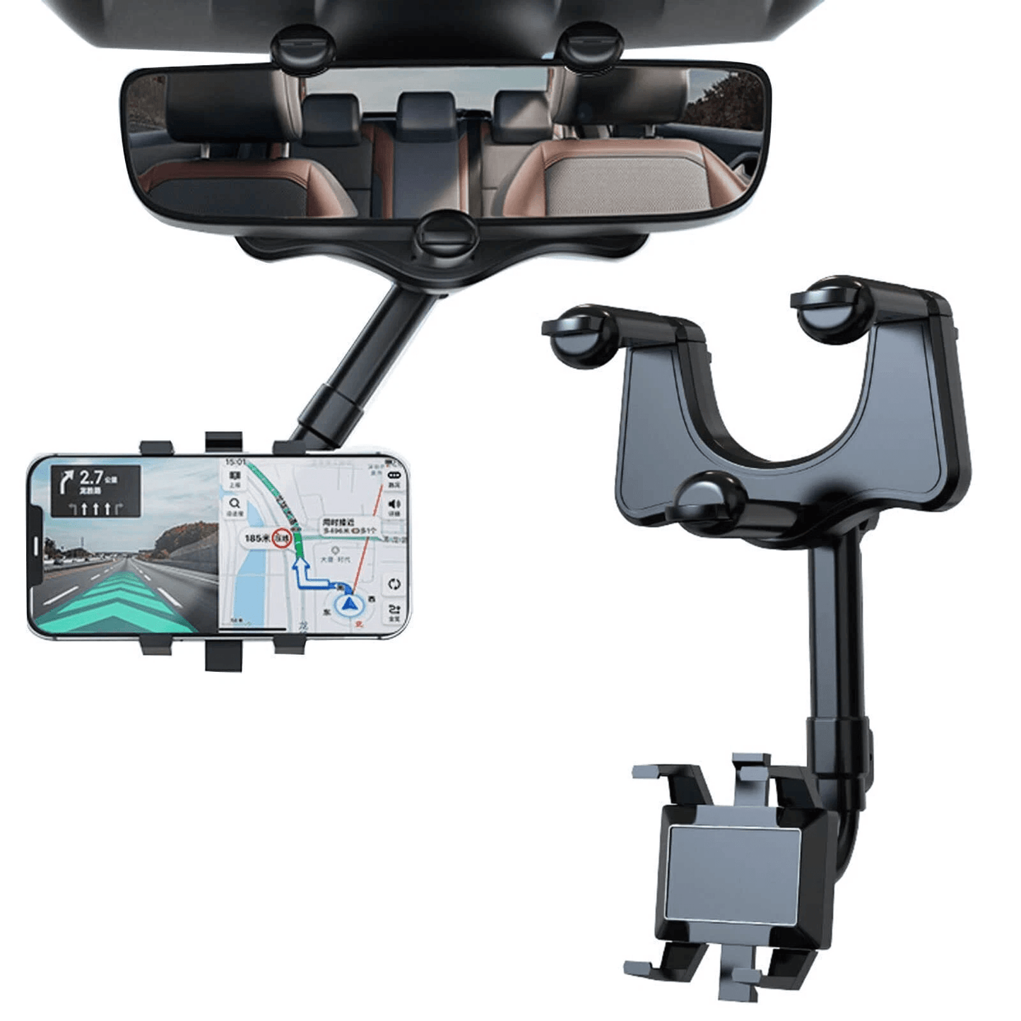 Car Phone Holder Rearview Mirror Mount, Rotatable & Retractable Universal GPS Holder for Cars, Adjustable Stand