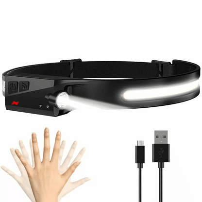 COB LED Headlamp USB Rechargeable Headlight Torch, Lightweight Work Light Bar with Sensor & Head Band Lamp