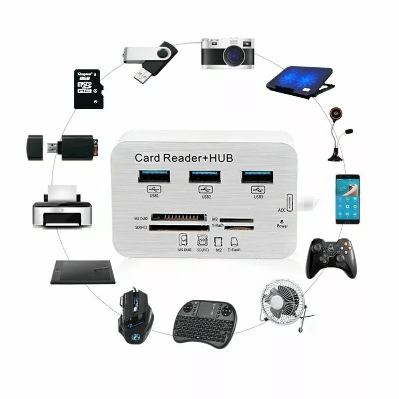 Aluminum 3 Port USB Hub  Memory Card Reader Adapter 3