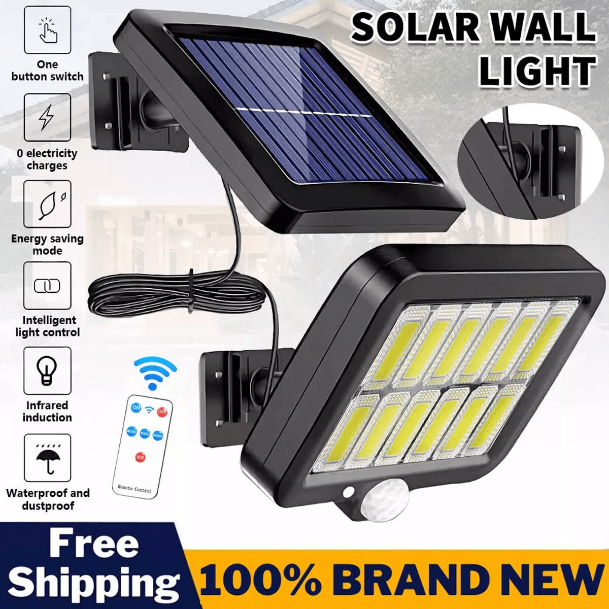 LED Solar Street Light Outdoor Wall Security Flood Lamp with Motion Sensor, COB Waterproof Light for Garden, Patio