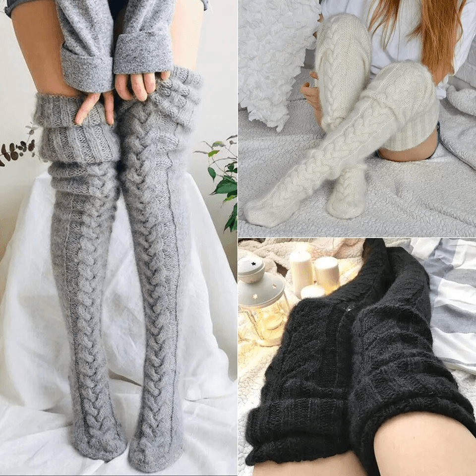 Warm Cable Knit Thigh High Socks for Women, Over Knee Long Winter Stockings & Boot Warmers
