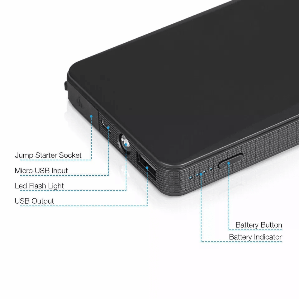 Portable Mini Slim Car Jump Starter Engine Battery Charger Power Bank Compact Emergency Booster For 10