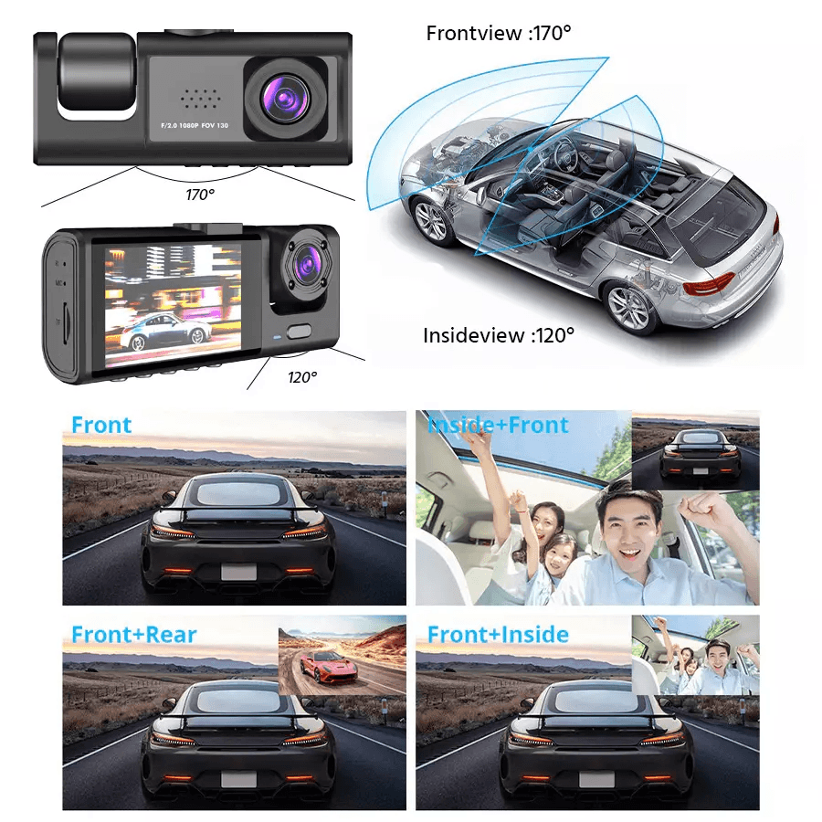 Car Dual Lens Dash Cam HD 1080P Front/Rear/Inside Video Recorder Camera G-Sensor for All-Round Protection
