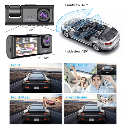 Car Dual Lens Dash Cam HD 1080P Front/Rear/Inside Video Recorder Camera G-Sensor for All-Round Protection