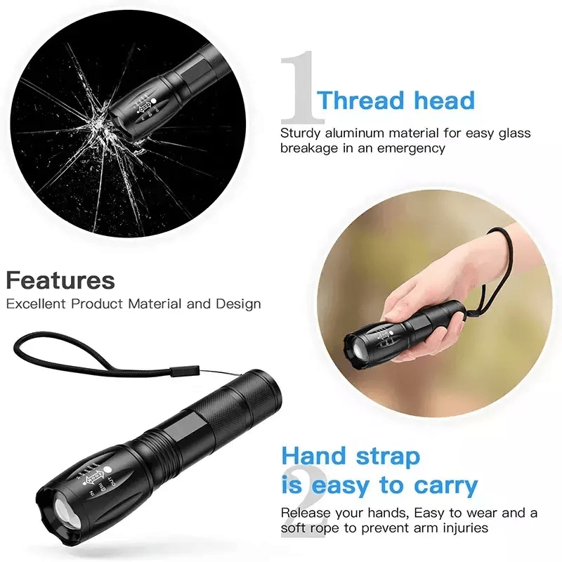 SuperBright Tactical Flashlight Five Modes LED Zoomable Torch Searchlight Compact Waterproof Flashl 15