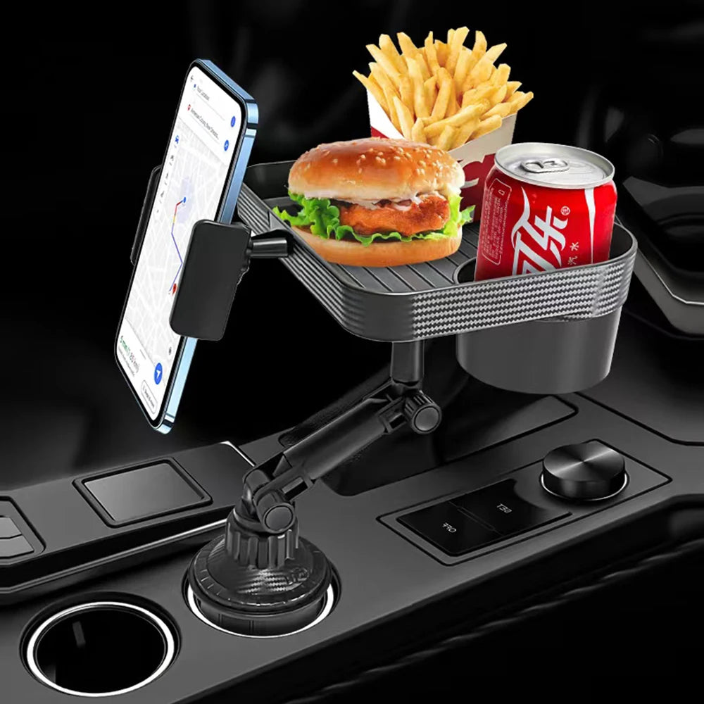 360° Rotating Car Cup Phone Holder – Adjustable Stand Mount & Food Organizer Tray