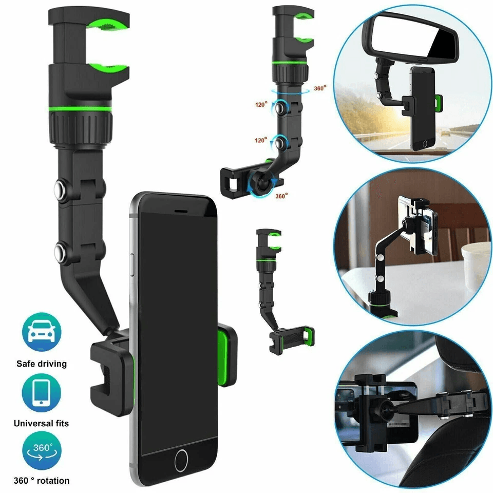 Car Rearview Mirror Rotation Adjustable Phone Holder Mount Multifunction Clip Stand for GPS Navigation and Mobile Device