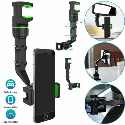 Car Rearview Mirror Rotation Adjustable Phone Holder Mount Multifunction Clip Stand for GPS Navigation and Mobile Device