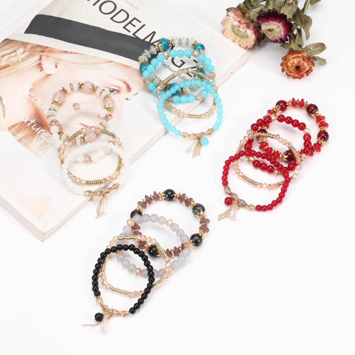 Bohemian Stackable Bracelets for Women – Multilayered Stretch Charm Bracelets with Pendant