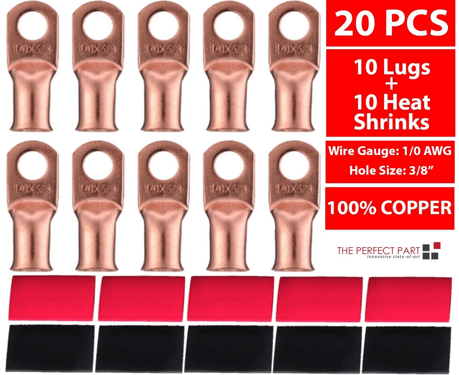 AWG Gauge Copper Lugs W/ BLACK & RED Heat Shrink Ring Terminals Wire, Crimp Connectors for Battery, Inverter, Auto Use