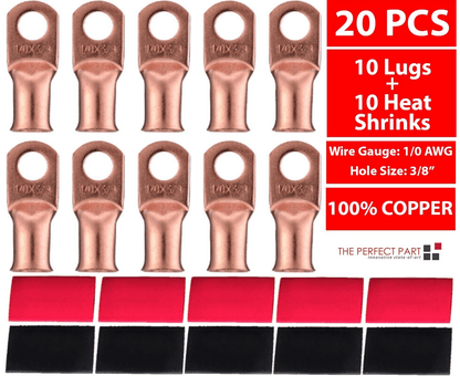 AWG Gauge Copper Lugs W/ BLACK & RED Heat Shrink Ring Terminals Wire, Crimp Connectors for Battery, Inverter, Auto Use