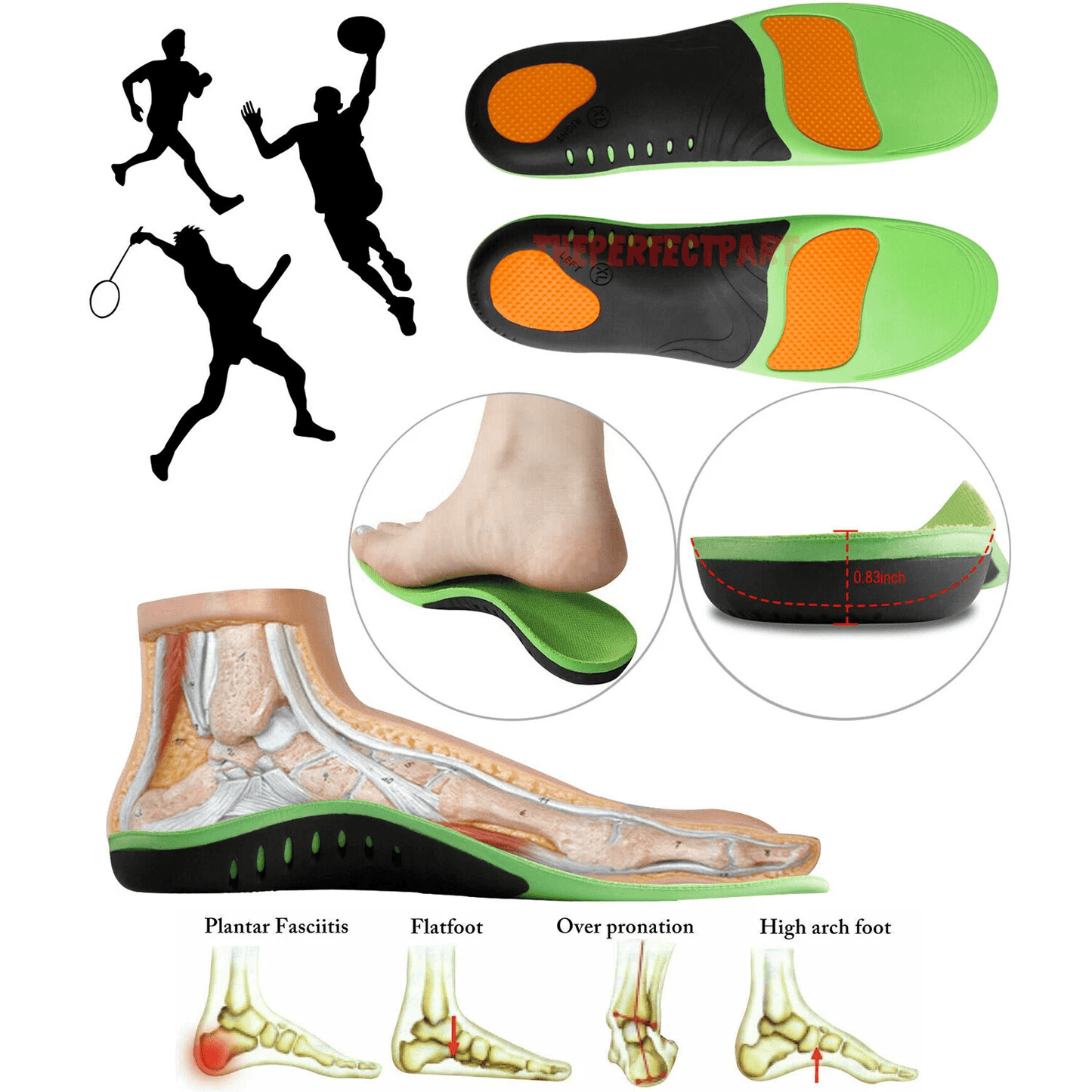 Orthotic Shoe Insoles Inserts Flat Feet High Arch Support for Plantar Fasciitis Pain Relief U-Shaped Heel Design