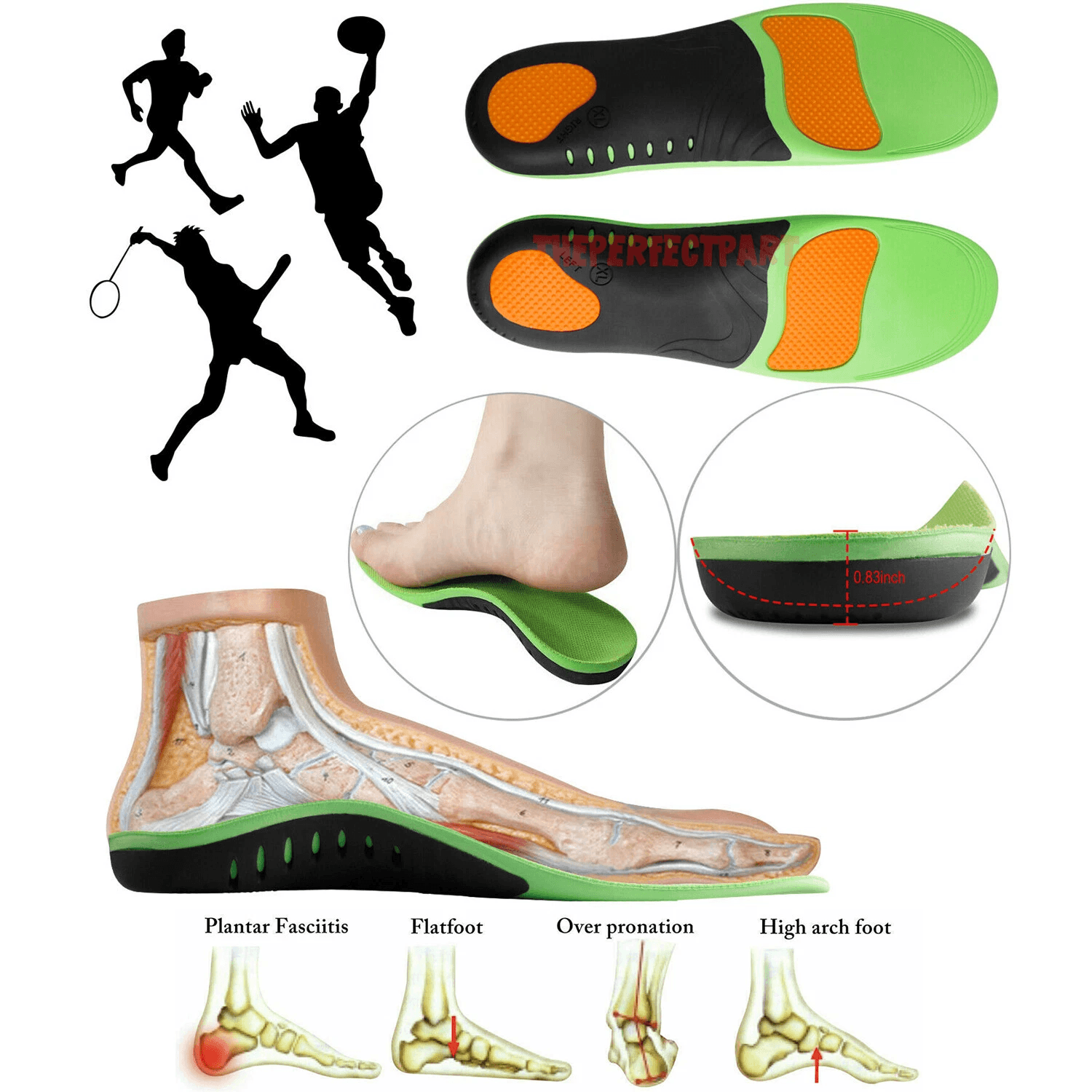 Orthotic Shoe Insoles Inserts Flat Feet High Arch Support for Plantar Fasciitis Pain Relief U-Shaped Heel Design