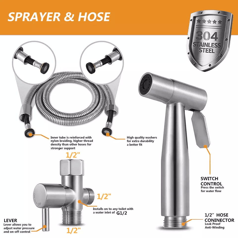 Stainless Steel Toilet Shattaf Adapter Hose  Handheld Bidet Spray Shower Head Kit 3