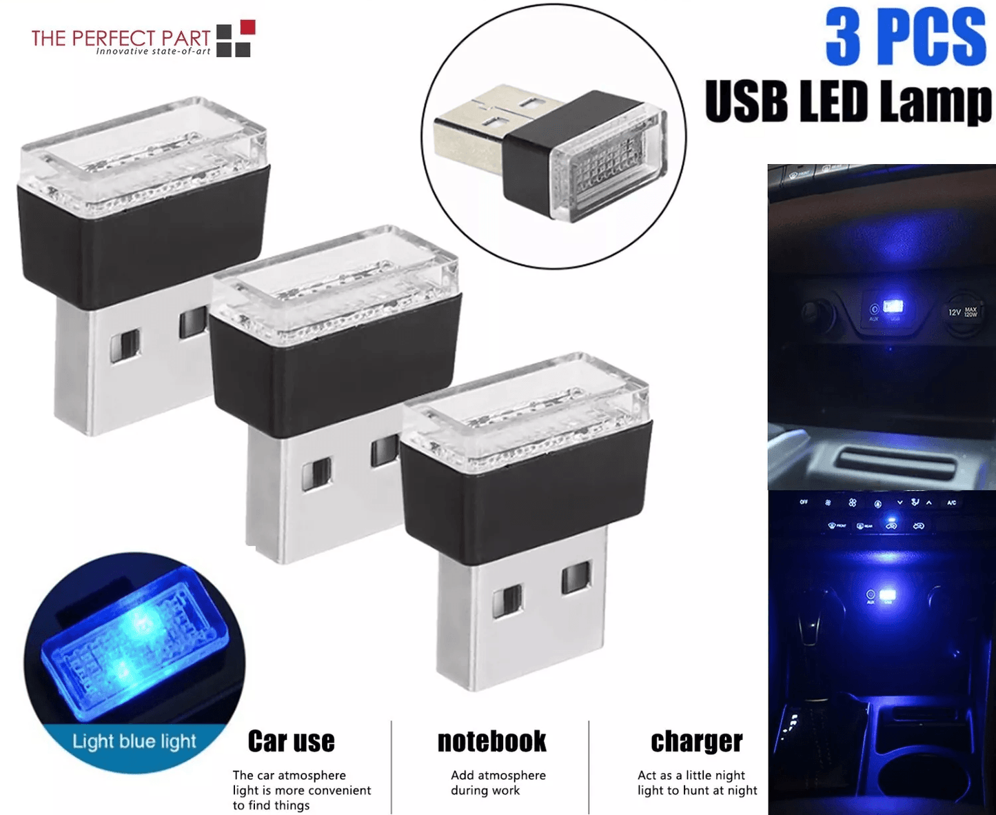 Mini Blue LED USB Car Interior Light Set, Ambient Neon Atmosphere Lamps for Cars, Laptops, and Bedroom Night Lighting