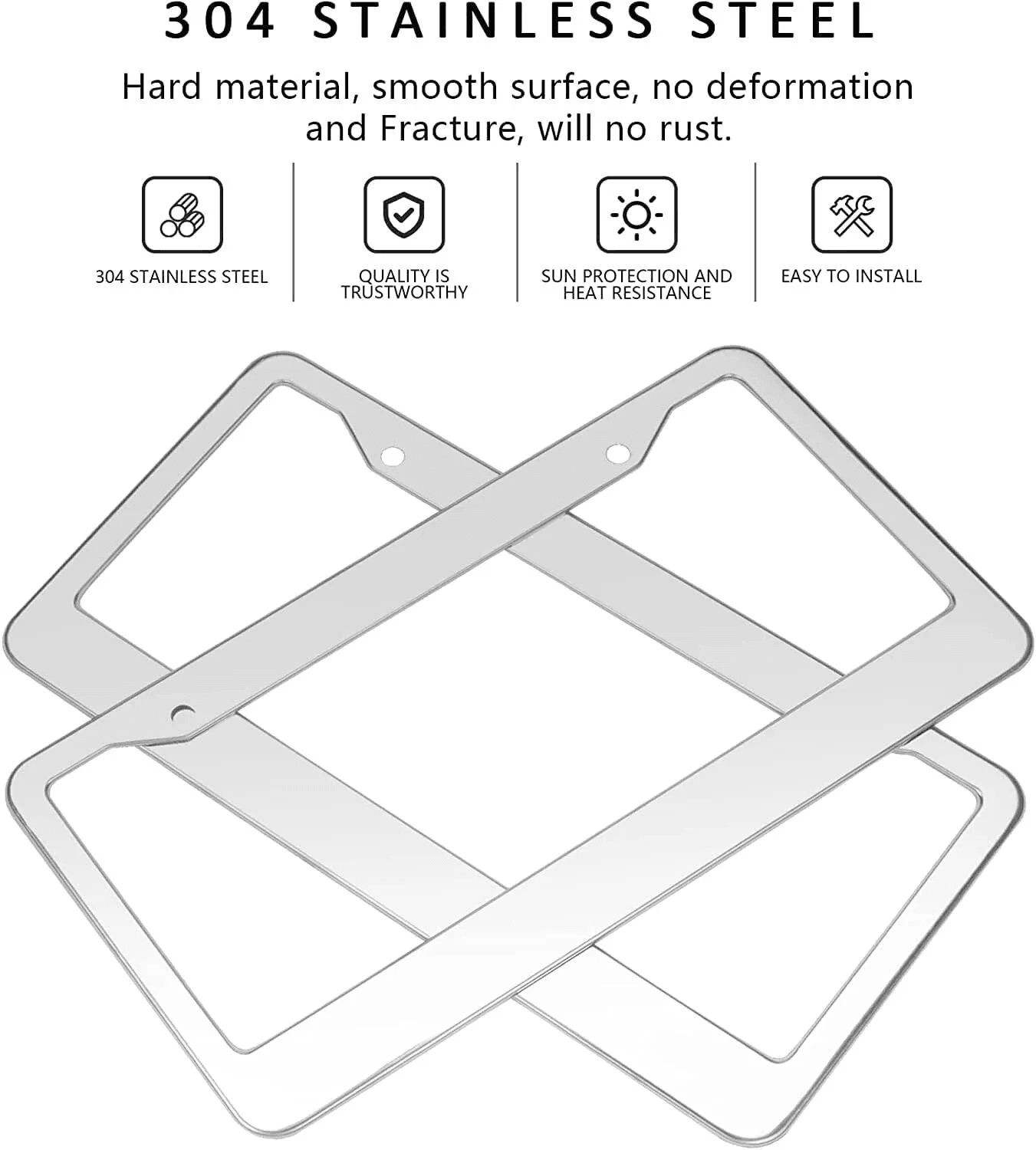 2PCS Chrome Stainless Steel License Plate Frame Set  RustProof Metal Tag Covers With Screw Caps For 7