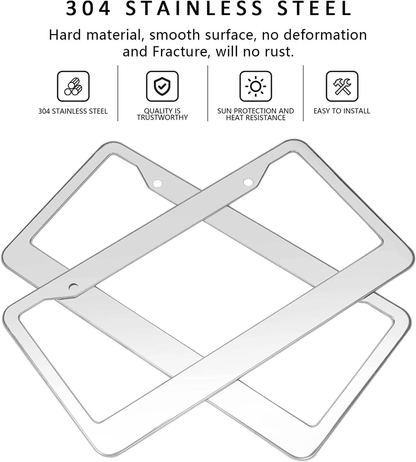 2PCS Chrome Stainless Steel License Plate Frame Set  RustProof Metal Tag Covers With Screw Caps For 7