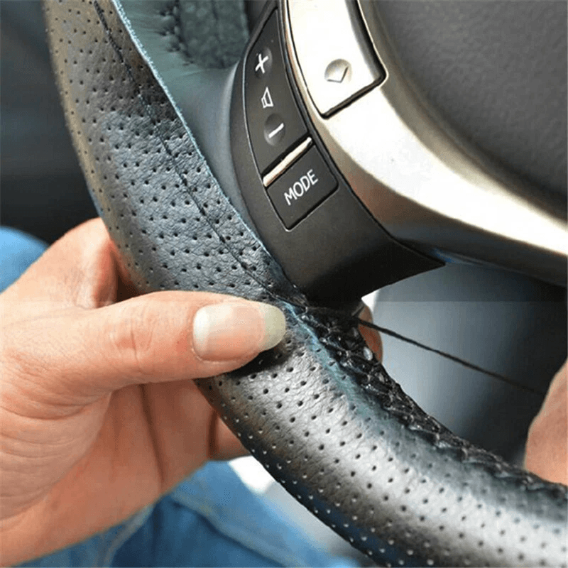 Genuine Leather DIY Car Steering Wheel Cover Anti-Slip Black, Universal Fit