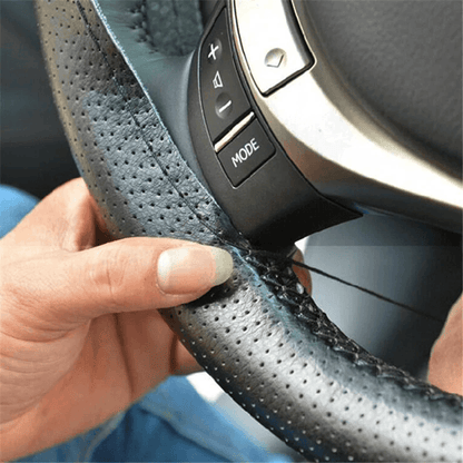Genuine Leather DIY Car Steering Wheel Cover Anti-Slip Black, Universal Fit