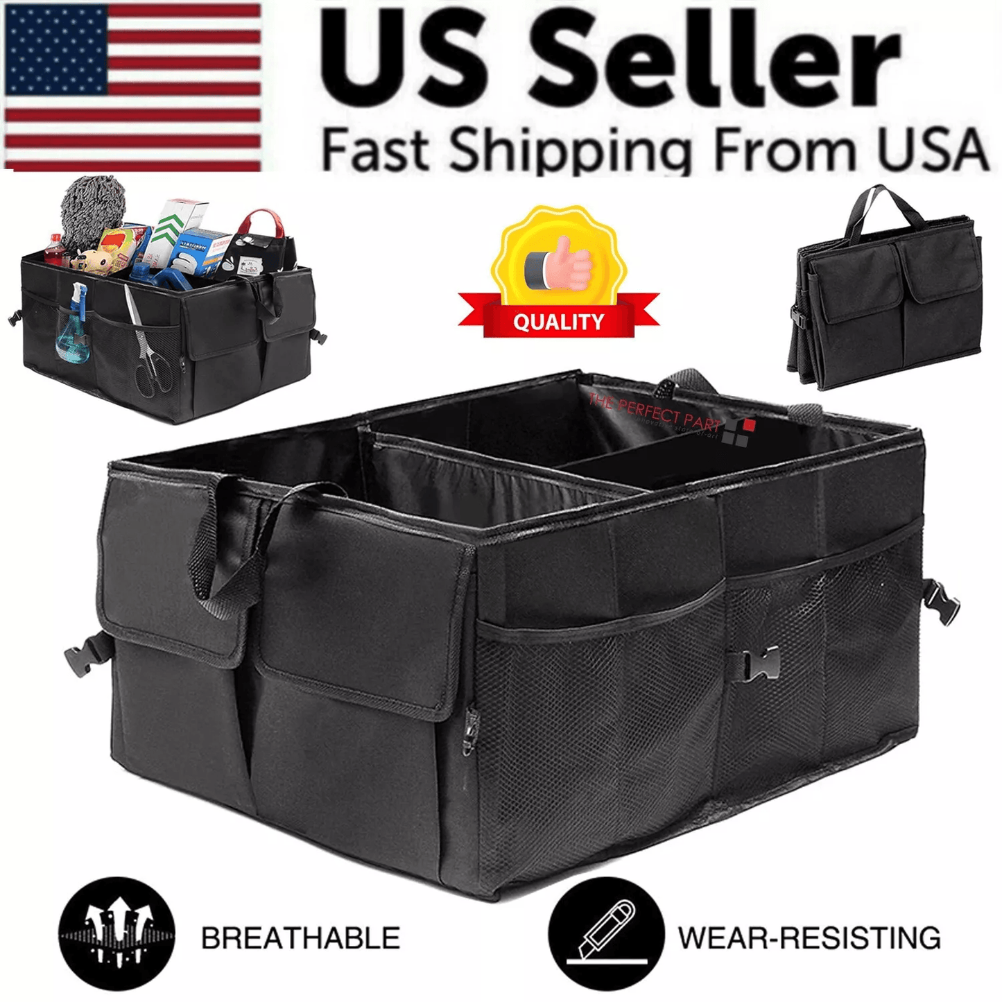 Heavy Duty Trunk Cargo Organizer Folding Storage Bin 40L for Car Truck SUV | Waterproof Collapsible Bag with Multiple Co