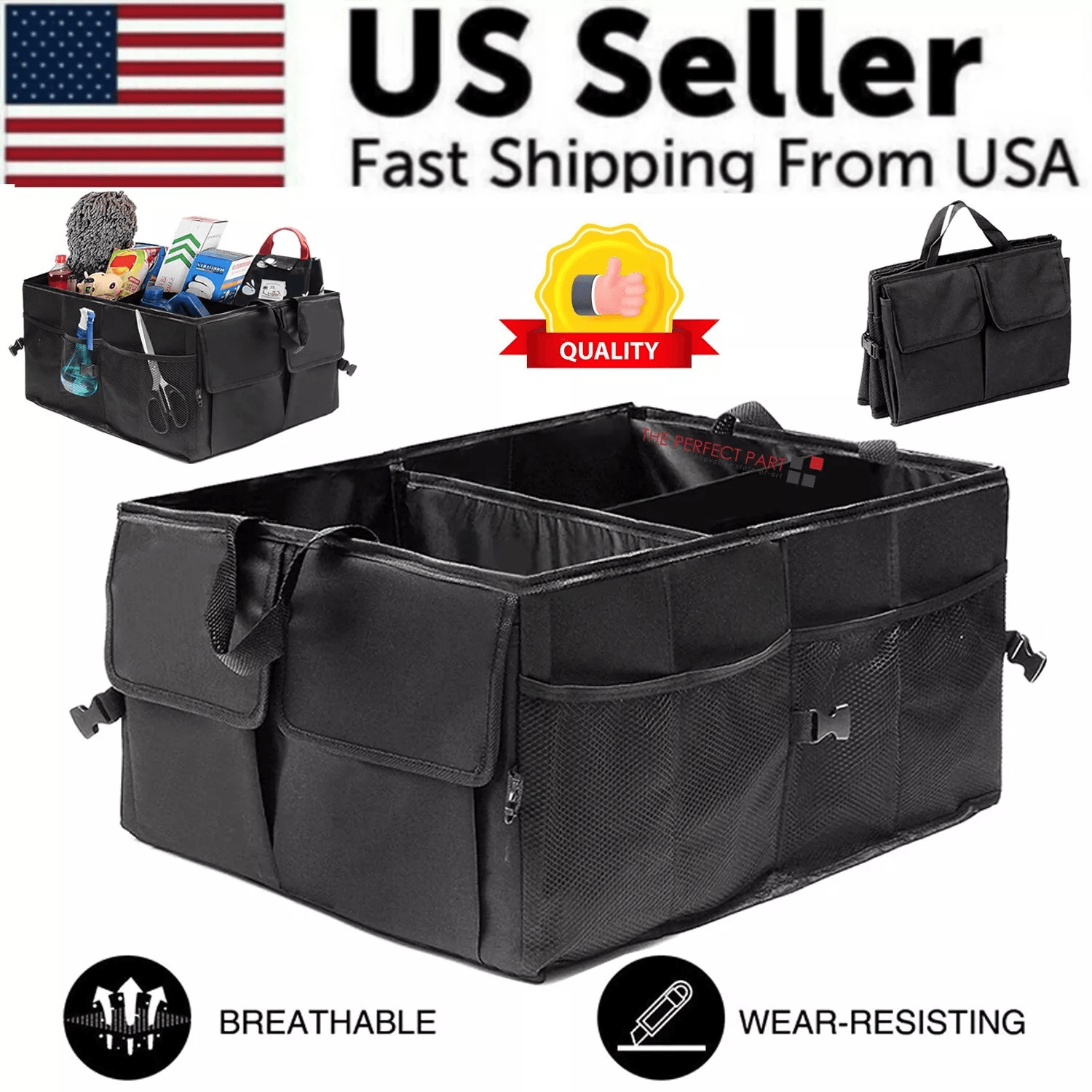 Heavy Duty Trunk Cargo Organizer Folding Storage Bin 40L for Car Truck SUV | Waterproof Collapsible Bag with Multiple Co