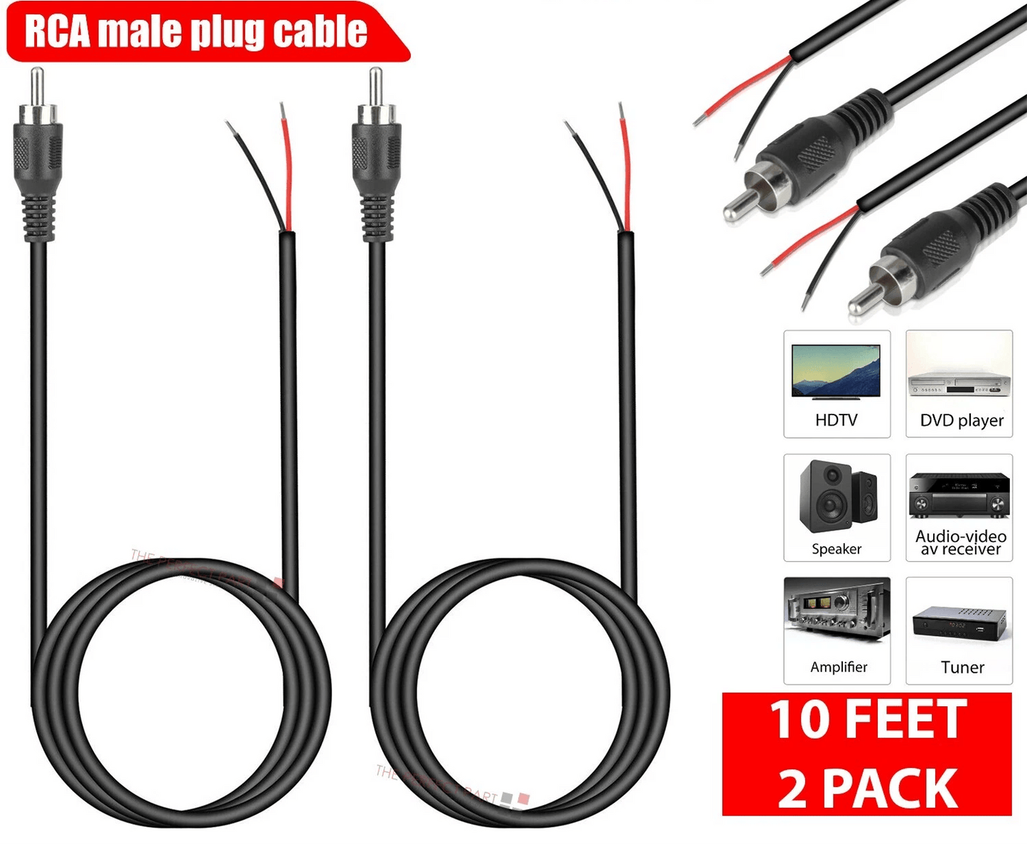 10 FT RCA Male to Bare Wire Cable Cord, Audio Subwoofer Speaker Repair Cable for HDTV, Stereo, AV System