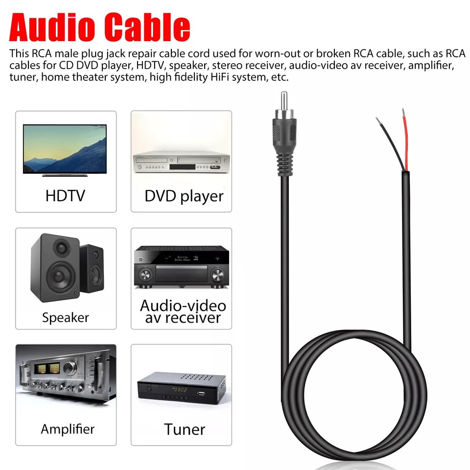 10 FT RCA Male To Bare Wire Cable Cord Audio Subwoofer Speaker Repair Cable For HDTV Stereo AV Syst 2