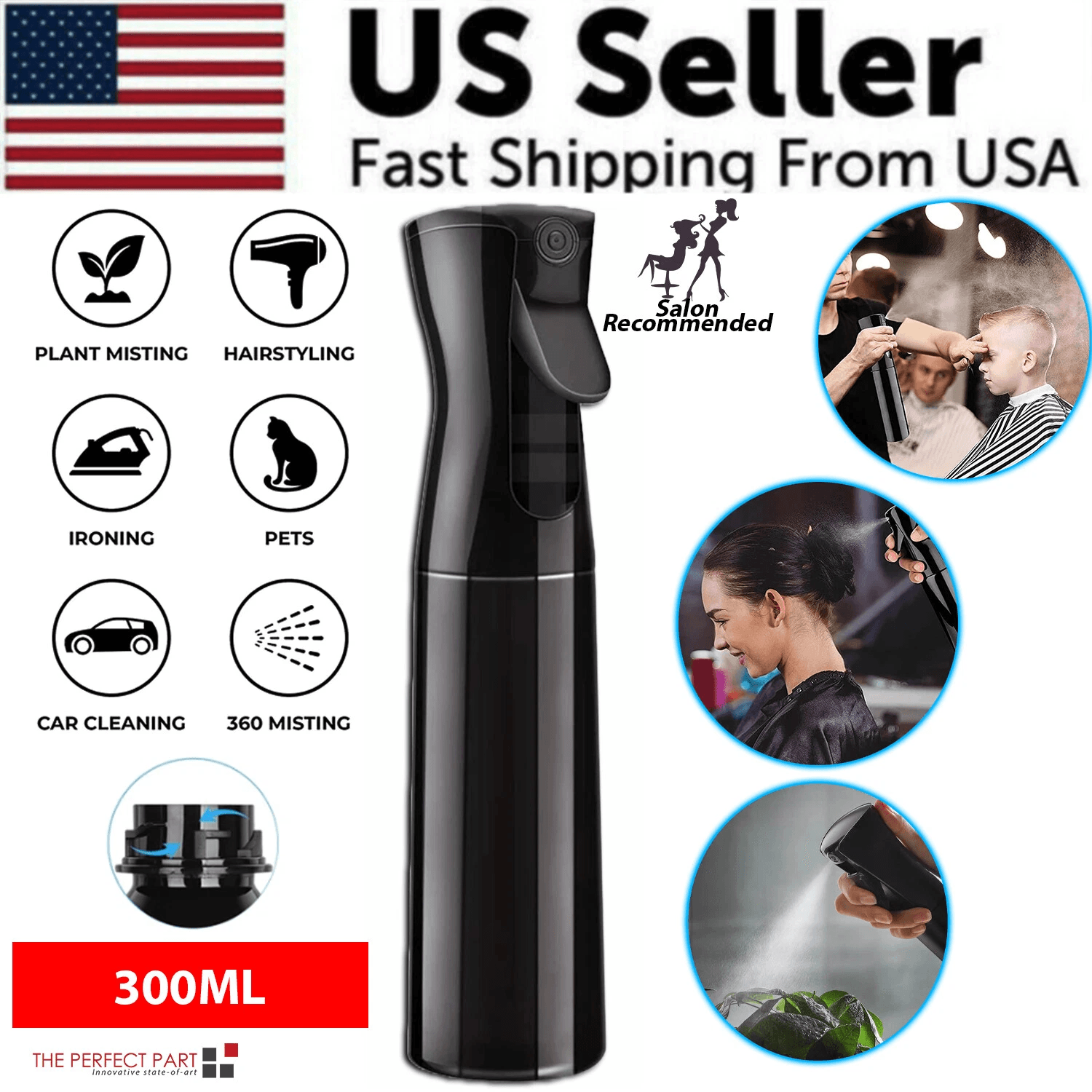 Continuous Mist Hair Spray Bottle Fine Mist Water Sprayer for Salon, Barber, Cleaning, Plant Misting, Styling BPA-Free