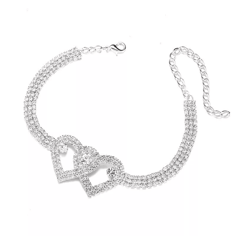 Double Heart Anklet Bracelet Love Barefoot Chain With Bling Crystal Accents Adjustable Silver Ankle 2