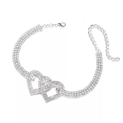 Double Heart Anklet Bracelet Love Barefoot Chain With Bling Crystal Accents Adjustable Silver Ankle 2