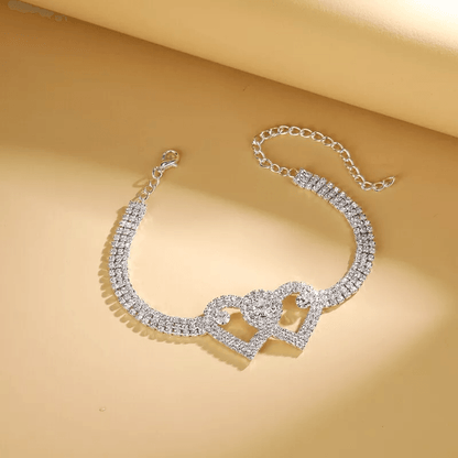 Double Heart Anklet Bracelet Love Barefoot Chain With Bling Crystal Accents Adjustable Silver Ankle 3